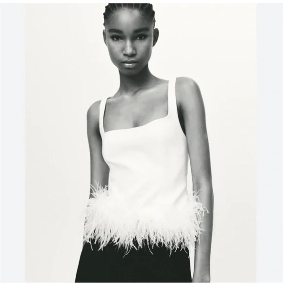 zara NWT white feathered tank top blouse stretch 4772/104 197 size small - Picture 10 of 12